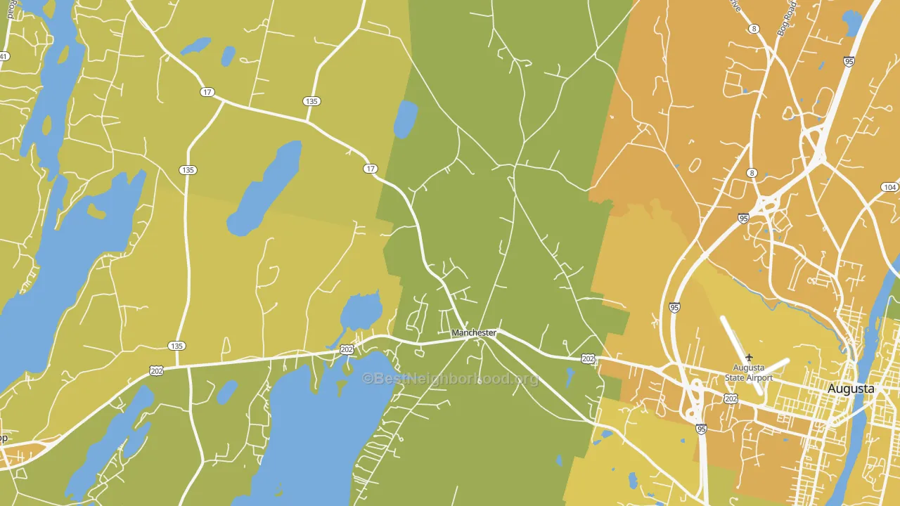 Map of the best neighborhoods in the Manchester area, with better matches in green and worse matches in red