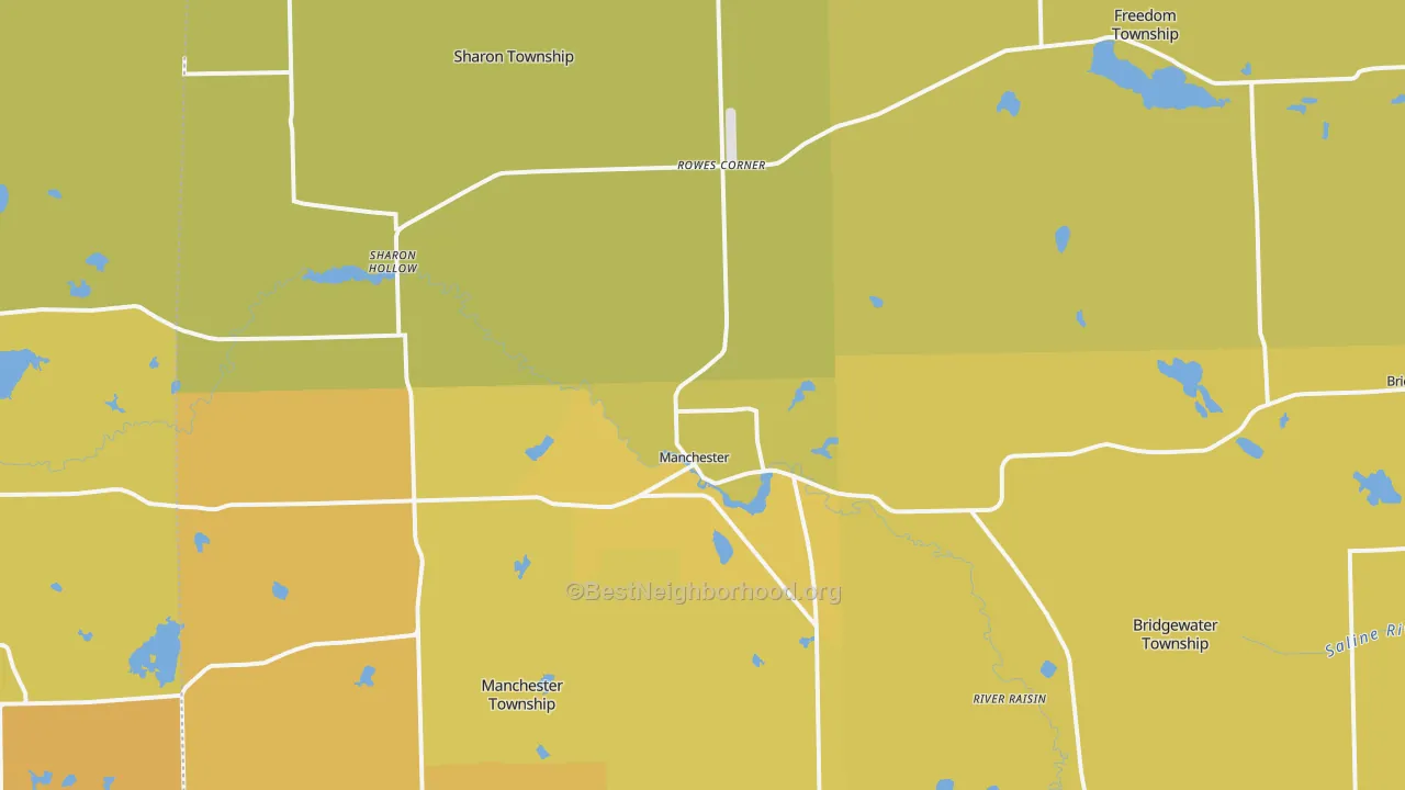 Map of the best neighborhoods in the Manchester area, with better matches in green and worse matches in red