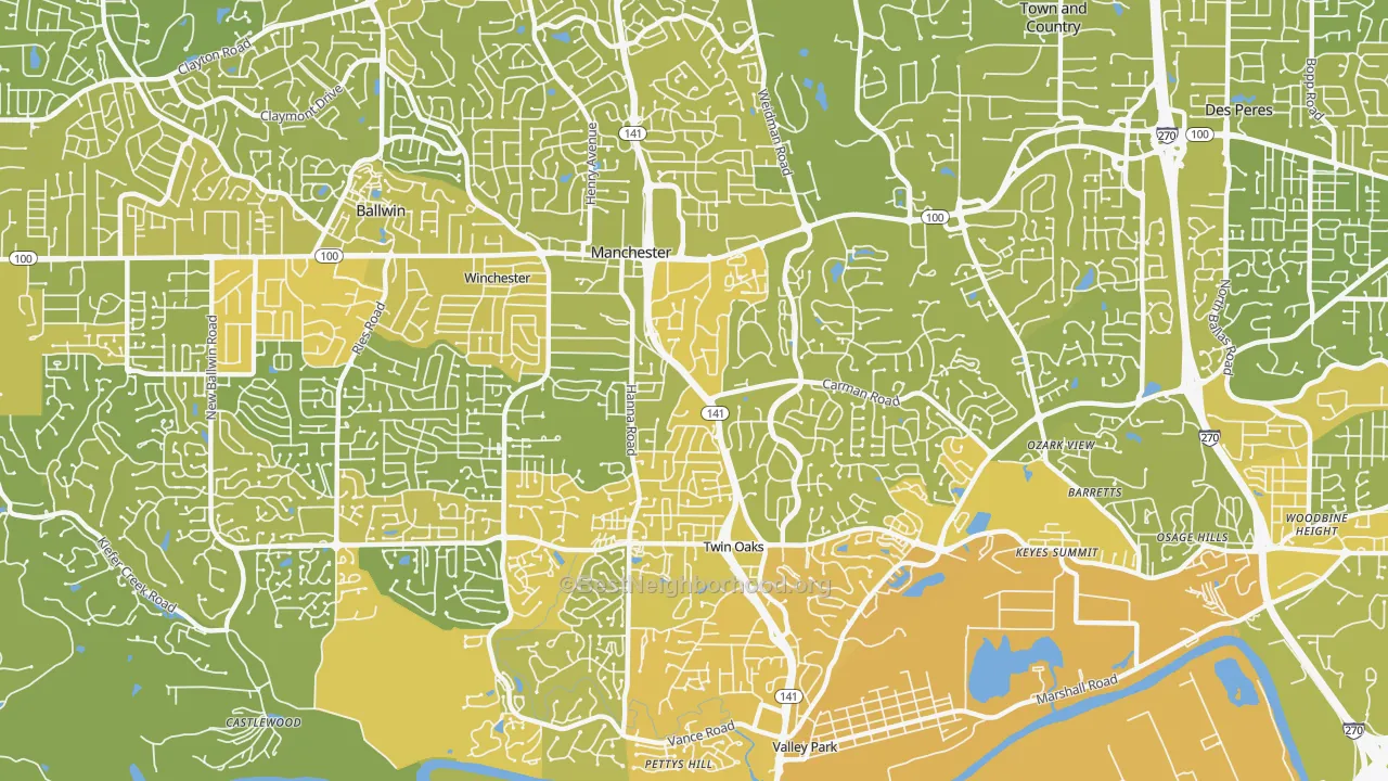 Map of the best neighborhoods in the Manchester area, with better matches in green and worse matches in red