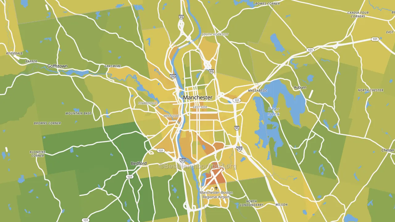 Map of the best neighborhoods in the Manchester Metro area, with better matches in green and worse matches in red