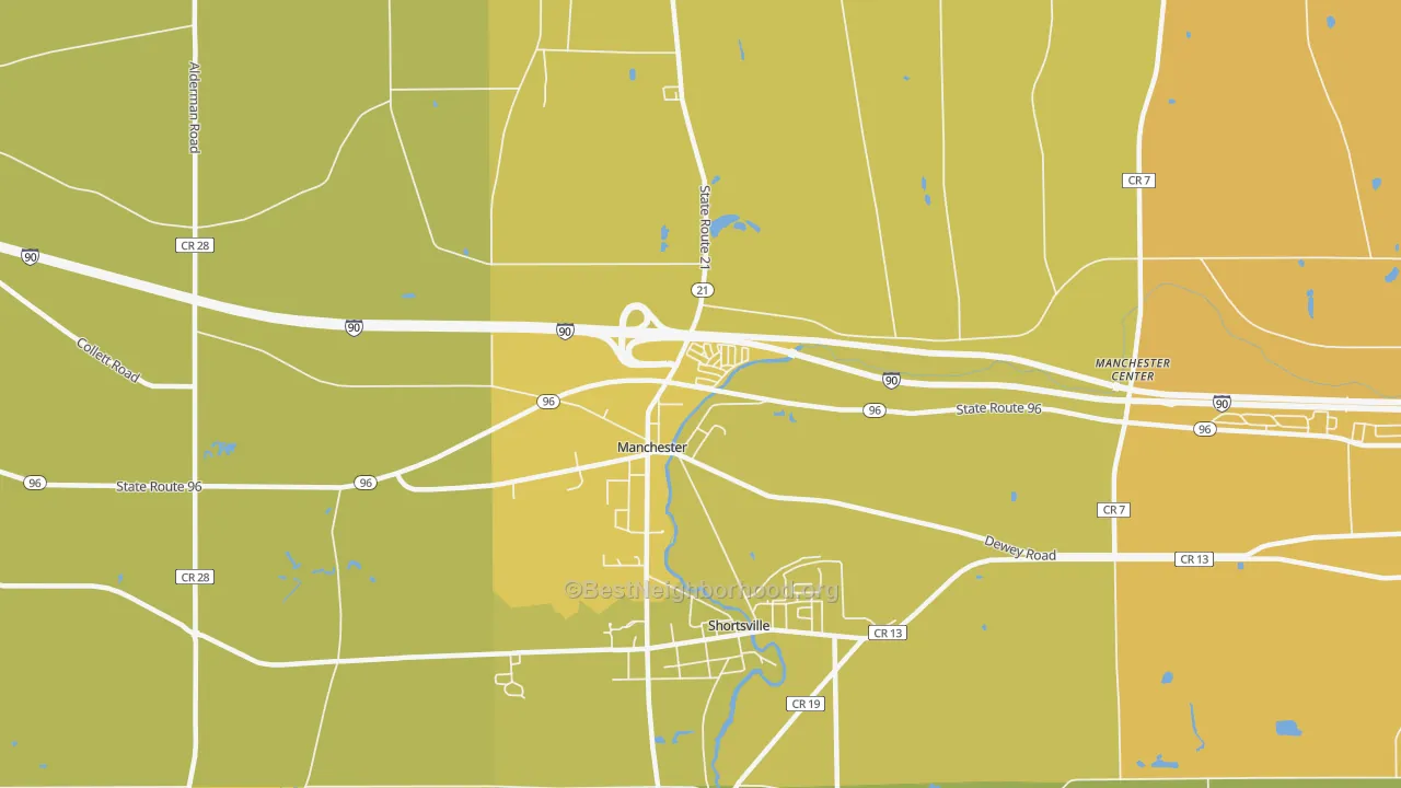 Map of the best neighborhoods in the Manchester area, with better matches in green and worse matches in red