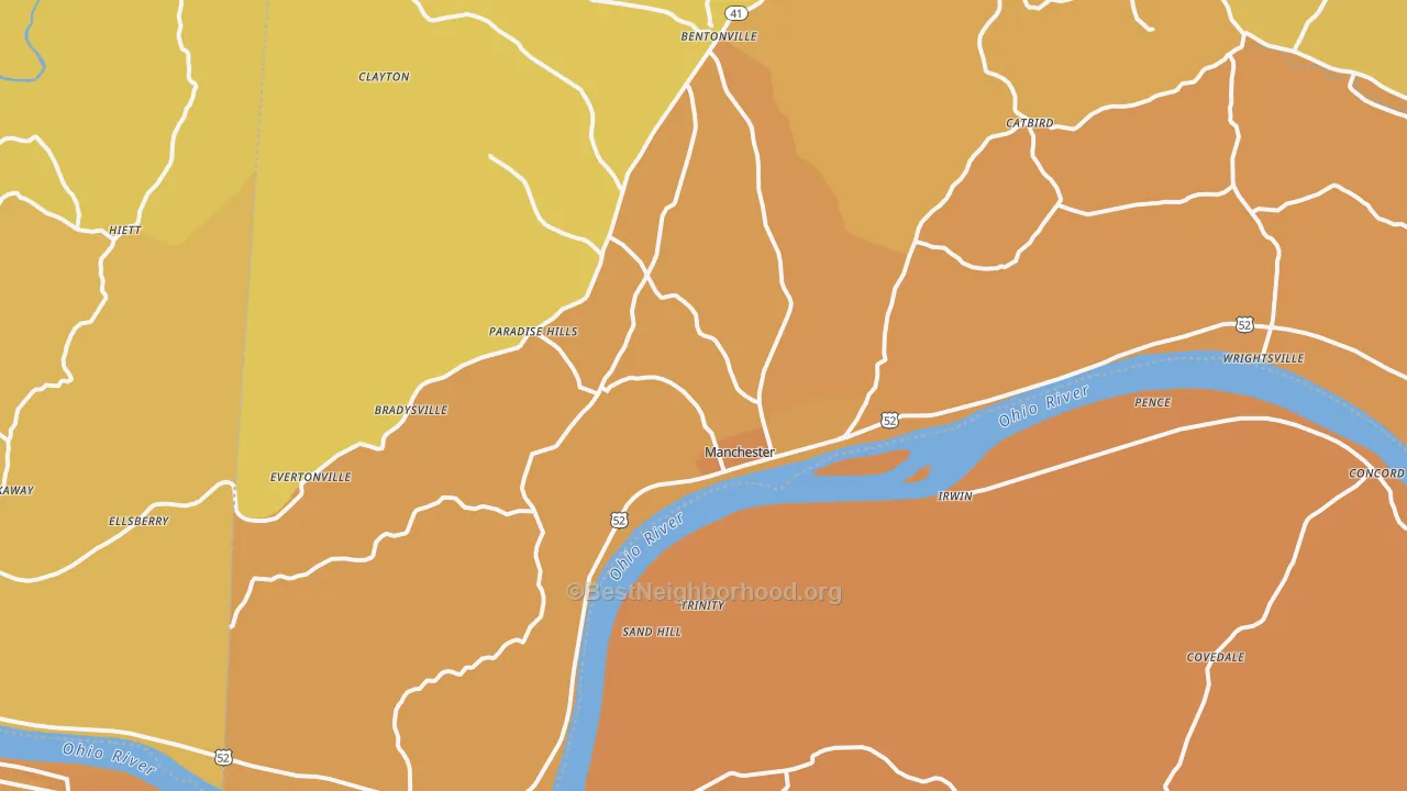 Map of the best neighborhoods in the Manchester area, with better matches in green and worse matches in red