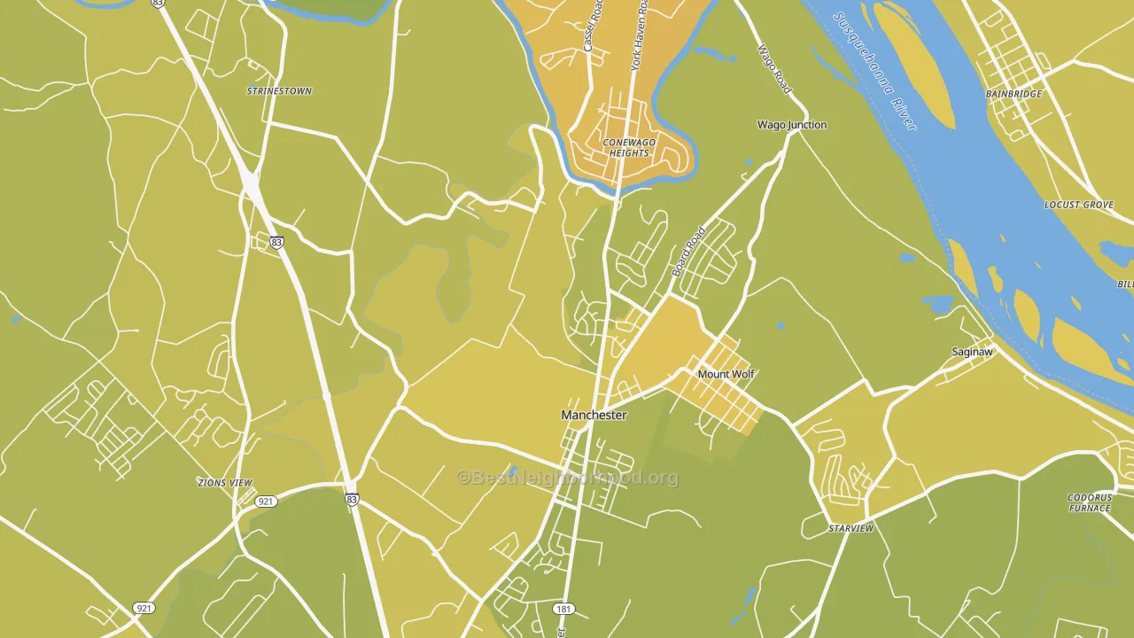 Map of the best neighborhoods in the Manchester area, with better matches in green and worse matches in red
