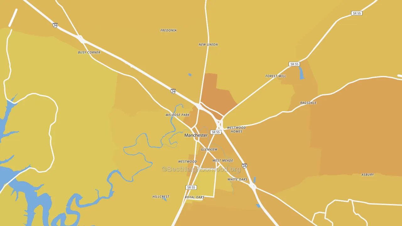 Map of the best neighborhoods in the Manchester area, with better matches in green and worse matches in red