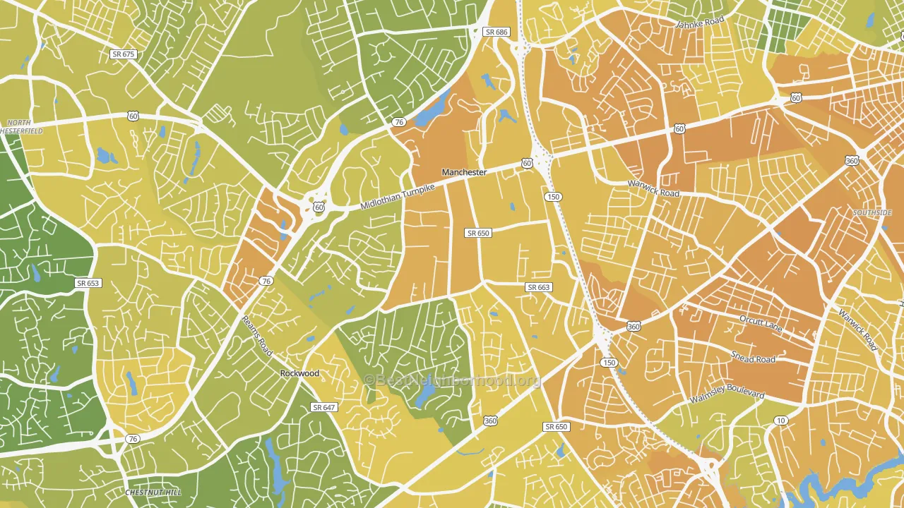 Map of the best neighborhoods in the Manchester area, with better matches in green and worse matches in red
