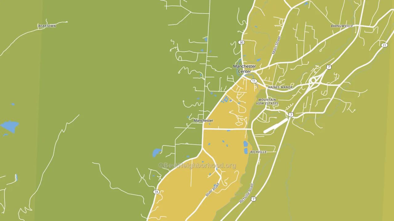 Map of the best neighborhoods in the Manchester area, with better matches in green and worse matches in red