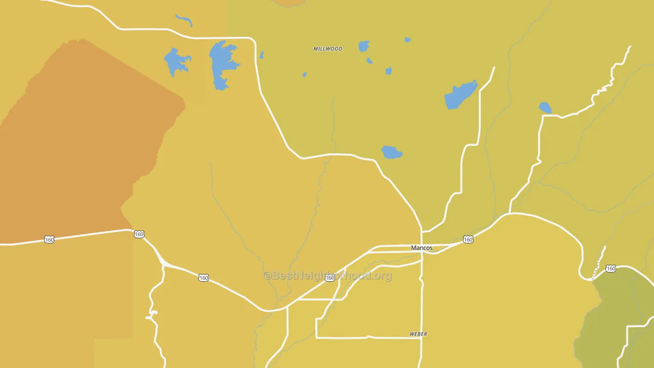 Map of the best neighborhoods in the Mancos area, with better matches in green and worse matches in red
