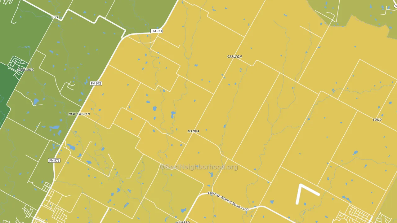 Map of the best neighborhoods in the Manda area, with better matches in green and worse matches in red