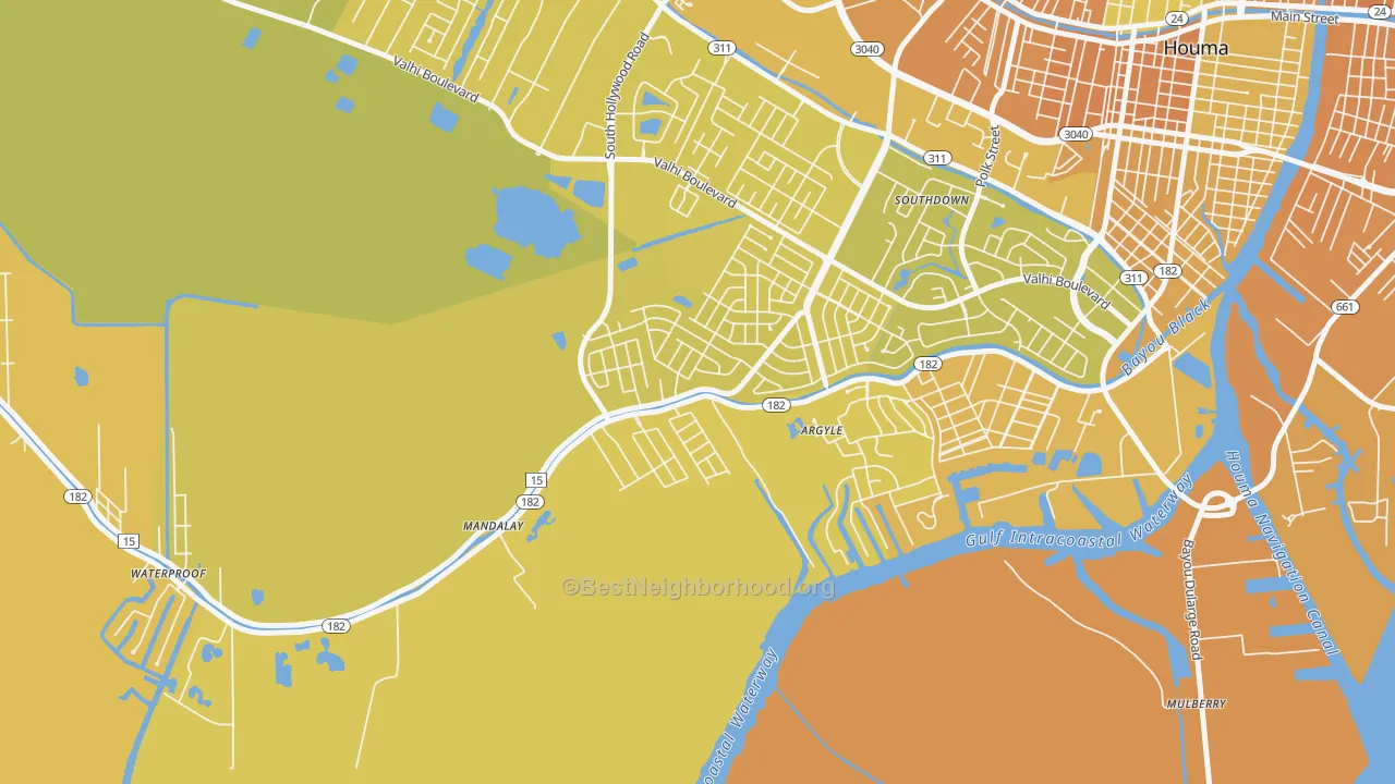 Map of the best neighborhoods in the Mandalay area, with better matches in green and worse matches in red
