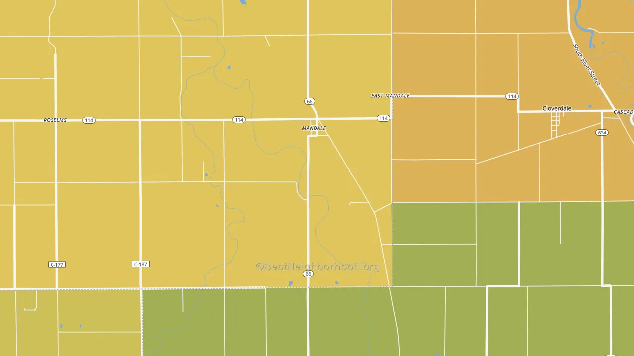 Map of the best neighborhoods in the Mandale area, with better matches in green and worse matches in red