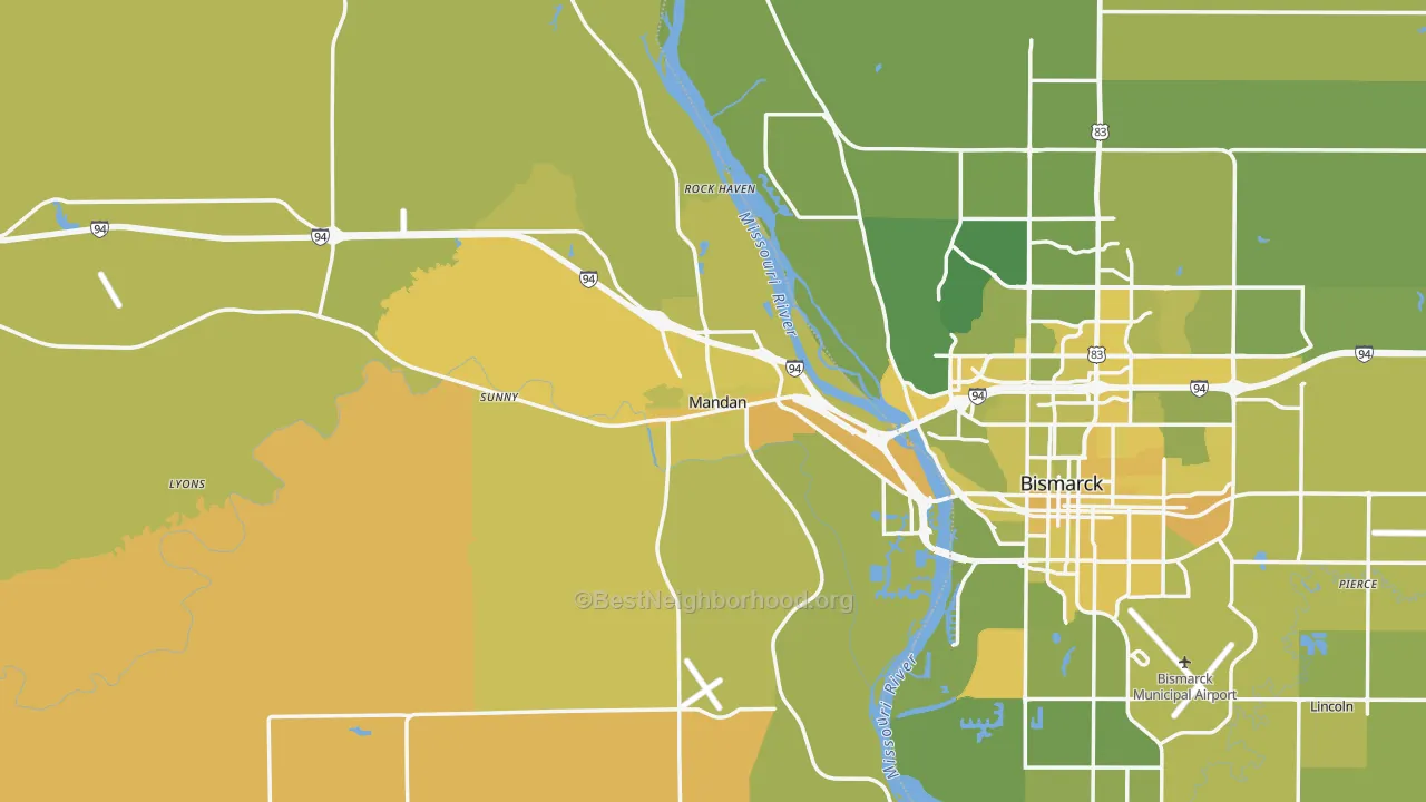 Map of the best neighborhoods in the Mandan area, with better matches in green and worse matches in red