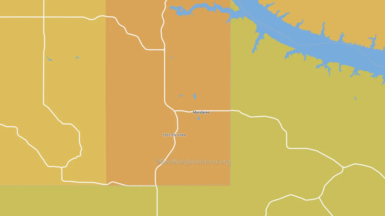 Map of the best neighborhoods in the Mandaree area, with better matches in green and worse matches in red