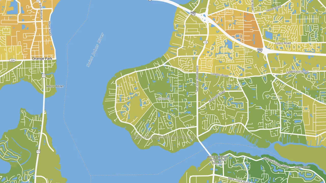 Map of the best neighborhoods in the Mandarin, Jacksonville area, with better matches in green and worse matches in red