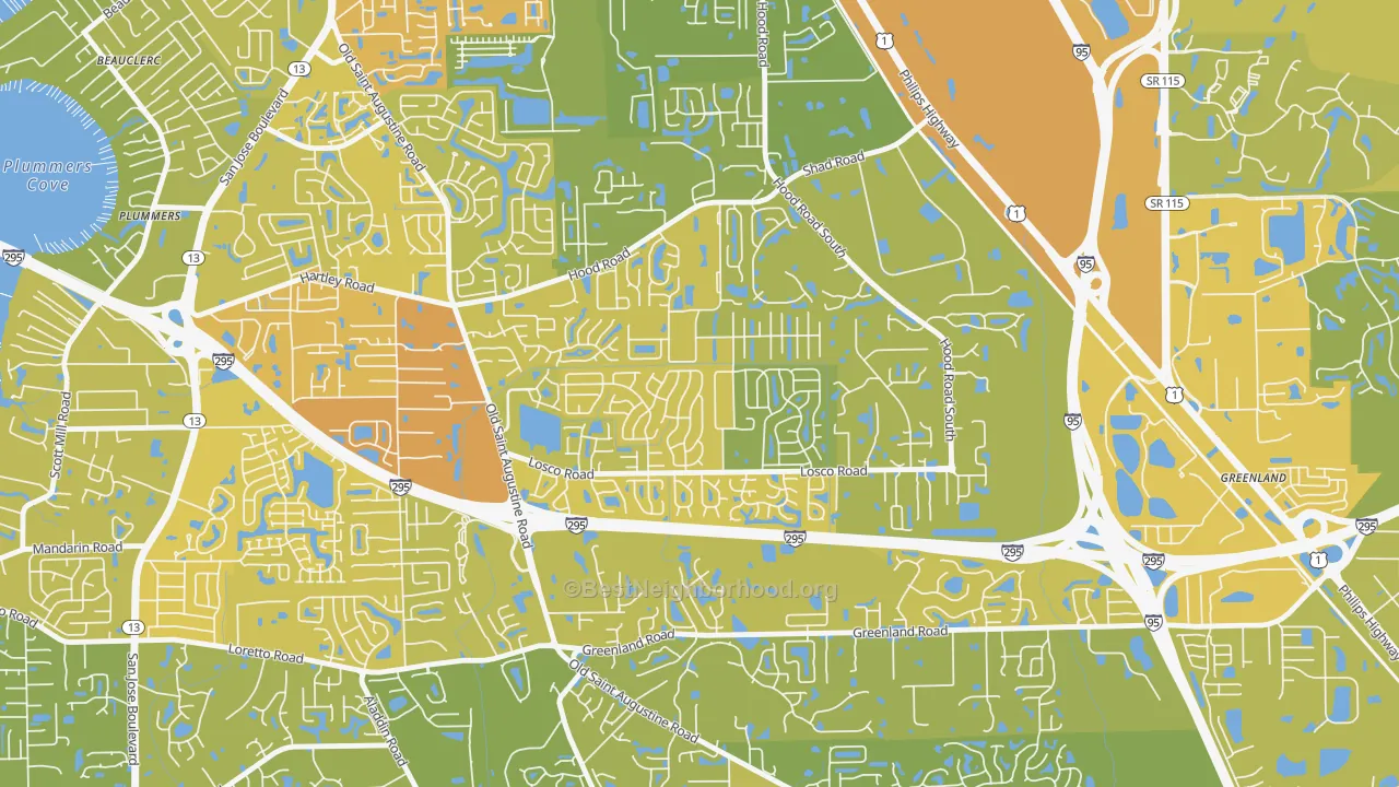 Map of the best neighborhoods in the Mandarin Station-Losco, Jacksonville area, with better matches in green and worse matches in red