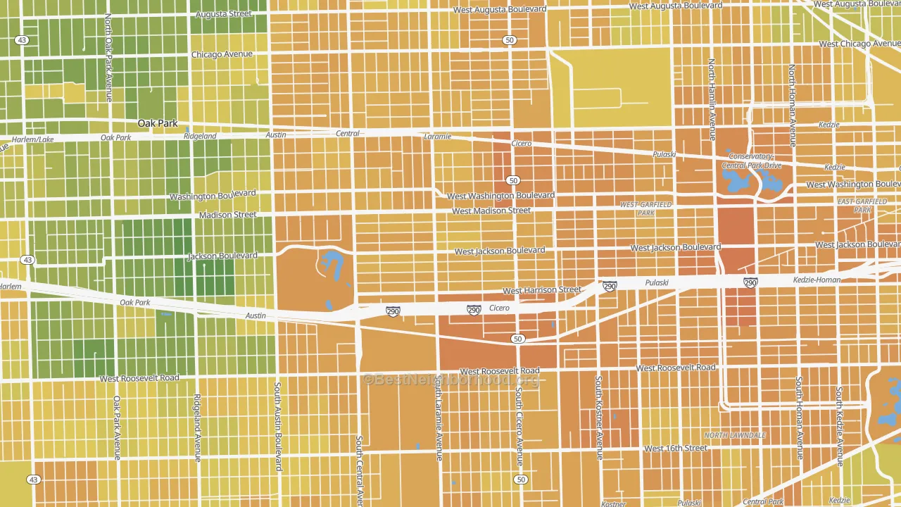 Map of the best neighborhoods in the Mandell, Chicago area, with better matches in green and worse matches in red