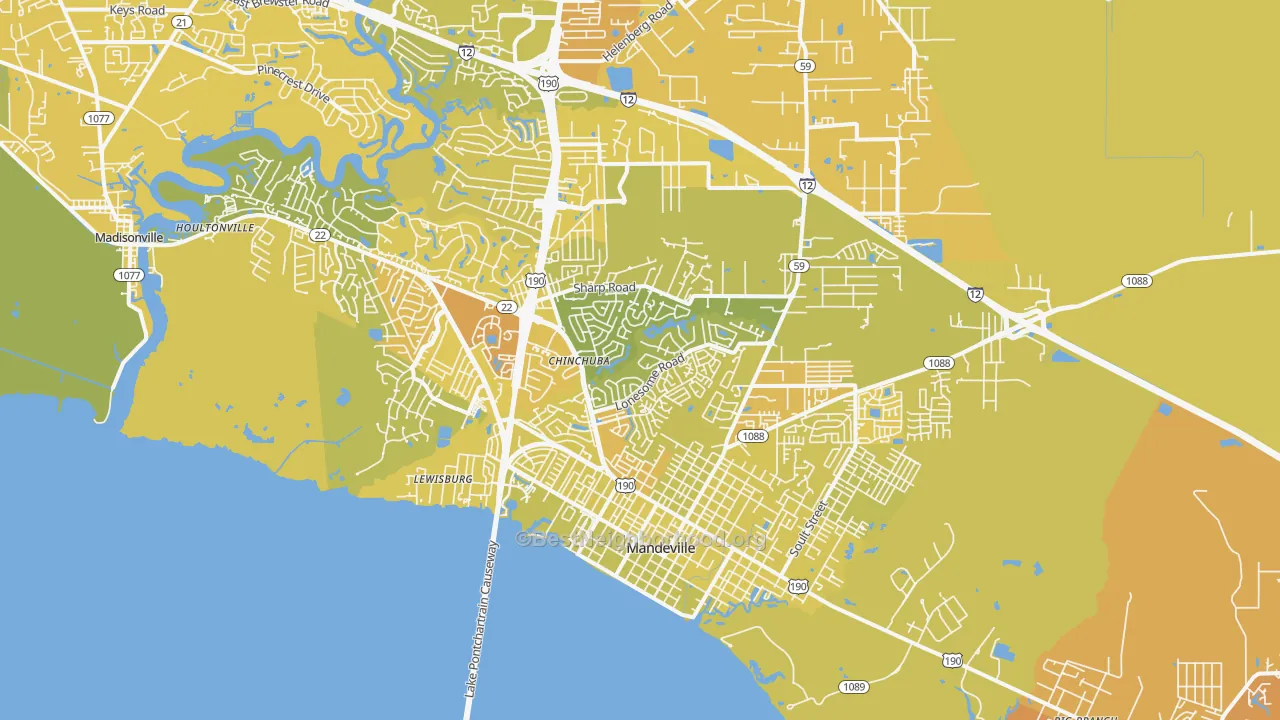 Map of the best neighborhoods in the Mandeville area, with better matches in green and worse matches in red