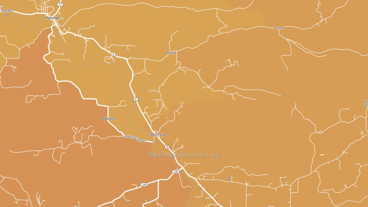 Map of the best neighborhoods in the Manfred area, with better matches in green and worse matches in red