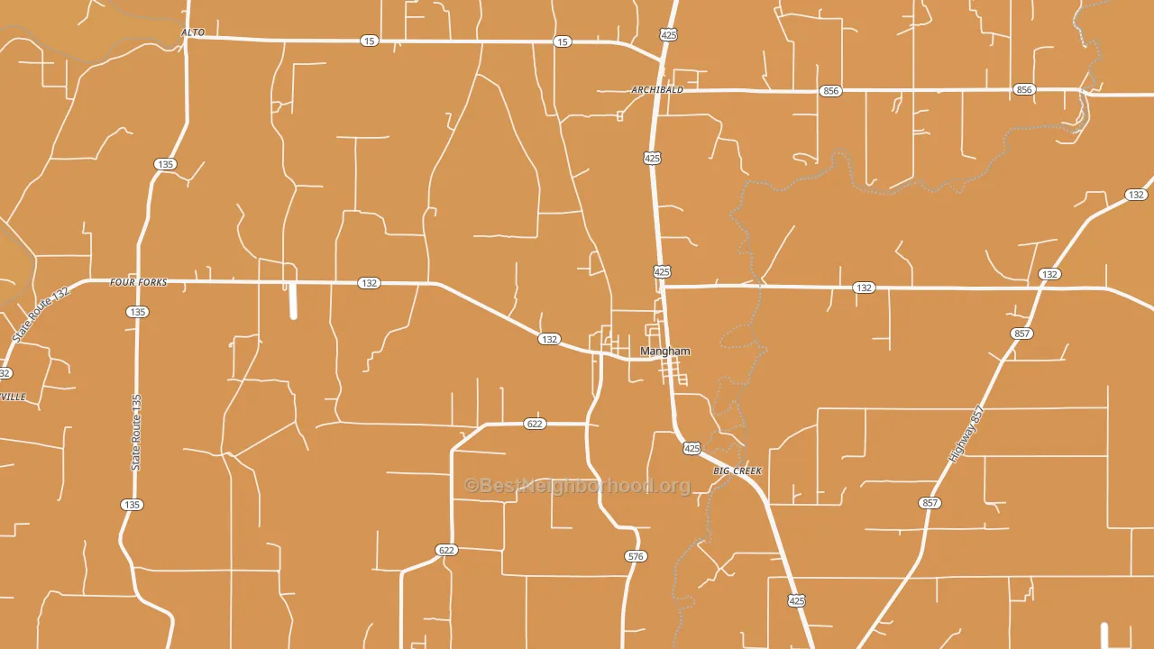 Map of the best neighborhoods in the Mangham area, with better matches in green and worse matches in red