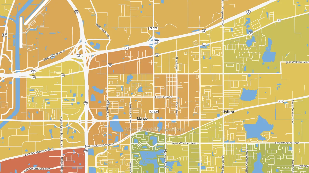Map of the best neighborhoods in the Mango area, with better matches in green and worse matches in red