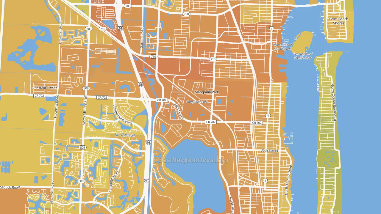 Map of the best neighborhoods in the Mangonia Park area, with better matches in green and worse matches in red