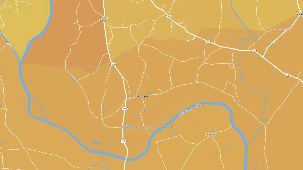 Map of the best neighborhoods in the Mangum area, with better matches in green and worse matches in red