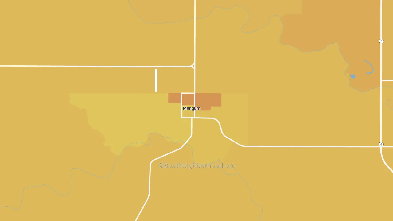 Map of the best neighborhoods in the Mangum area, with better matches in green and worse matches in red