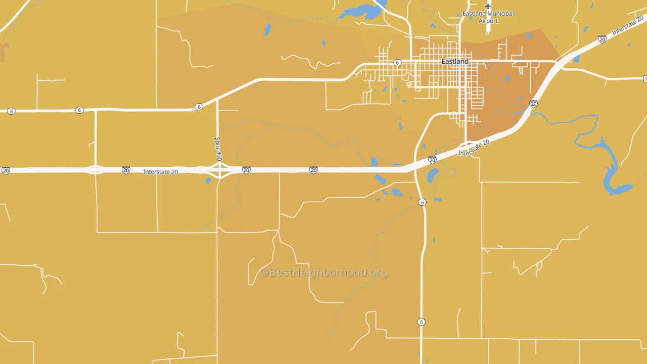 Map of the best neighborhoods in the Mangum area, with better matches in green and worse matches in red