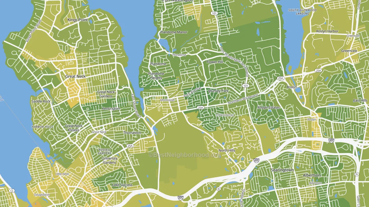 Map of the best neighborhoods in the Manhasset area, with better matches in green and worse matches in red