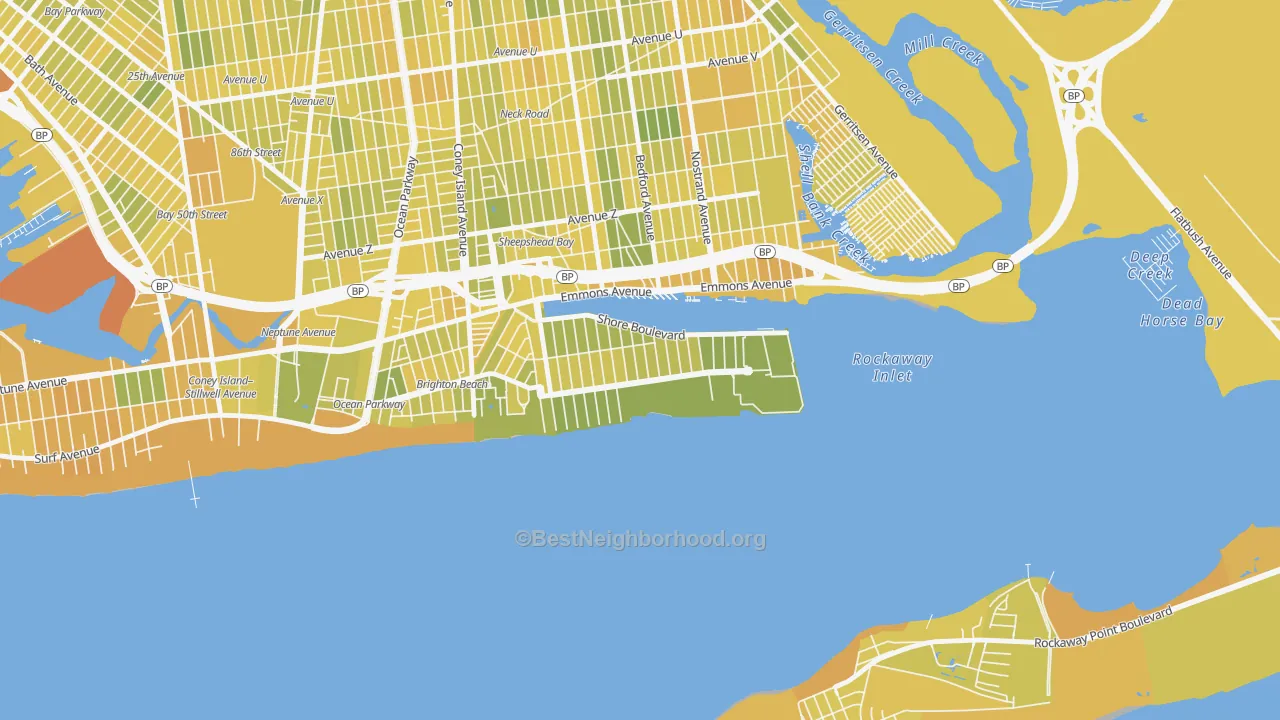 Map of the best neighborhoods in the Manhattan Beach, Brooklyn area, with better matches in green and worse matches in red