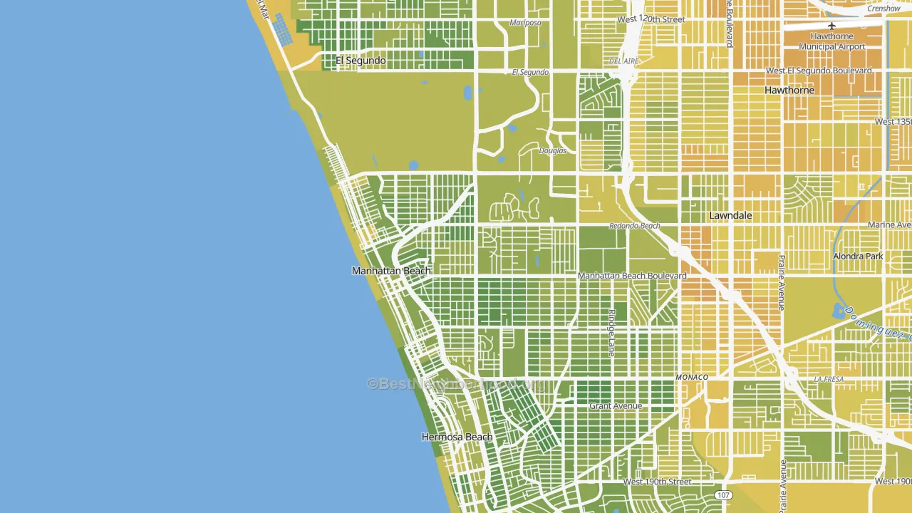 Map of the best neighborhoods in the Manhattan Beach area, with better matches in green and worse matches in red