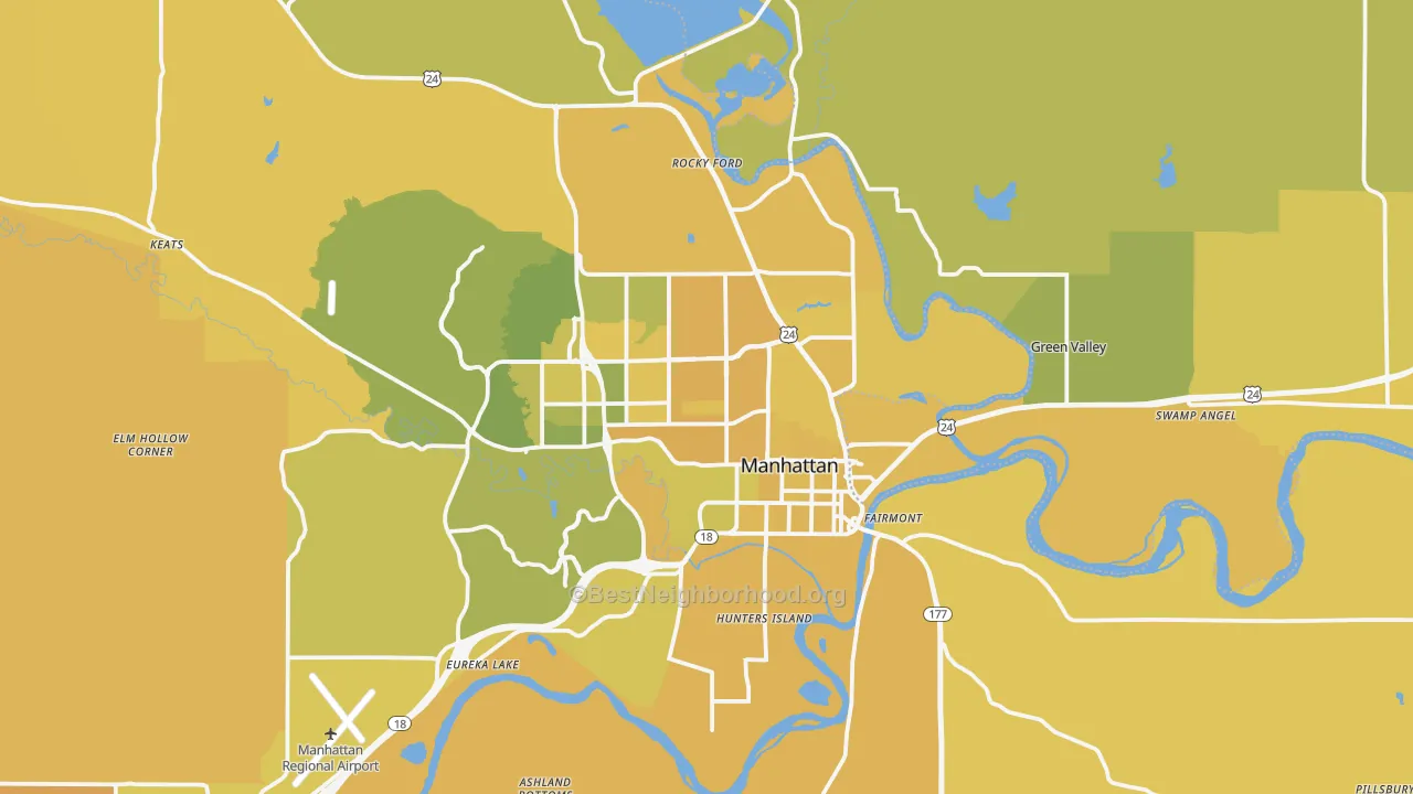 Map of the best neighborhoods in the Manhattan Metro area, with better matches in green and worse matches in red
