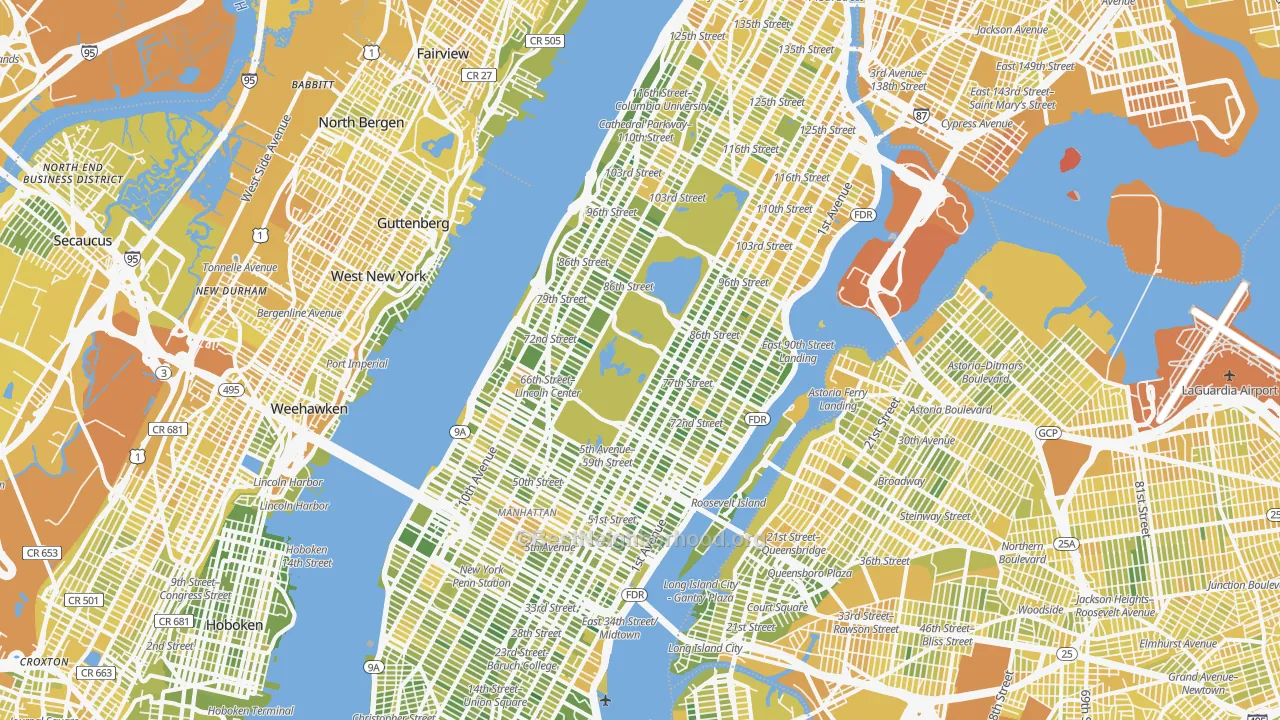 Map of the best neighborhoods in the Manhattan area, with better matches in green and worse matches in red