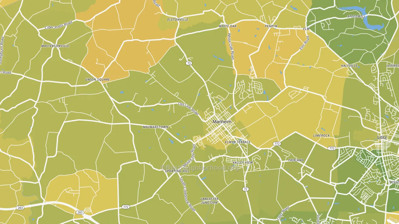 Map of the best neighborhoods in the Manheim area, with better matches in green and worse matches in red