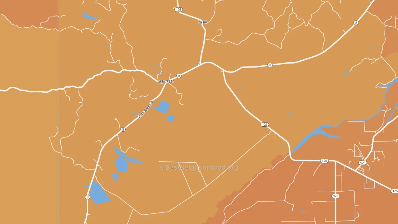 Map of the best neighborhoods in the Manifest area, with better matches in green and worse matches in red