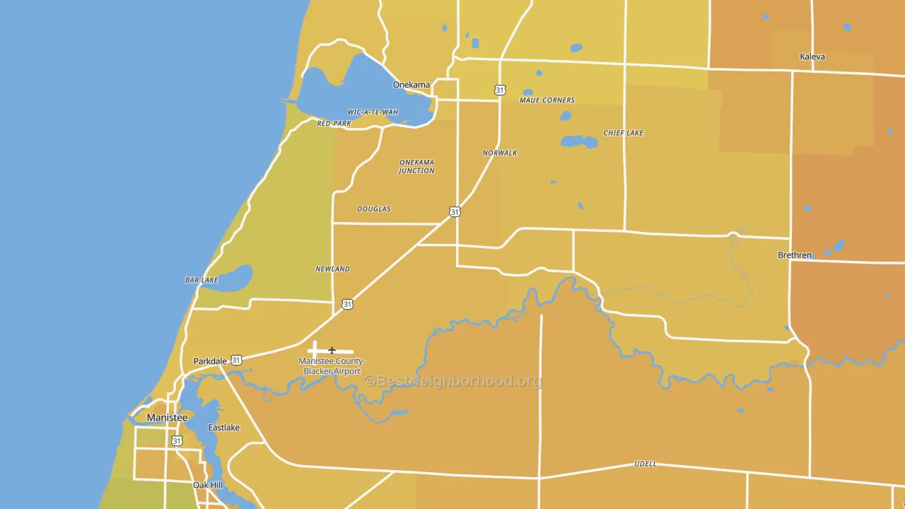 Map of the best neighborhoods in the Manistee County area, with better matches in green and worse matches in red