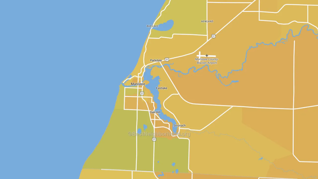 Map of the best neighborhoods in the Manistee area, with better matches in green and worse matches in red