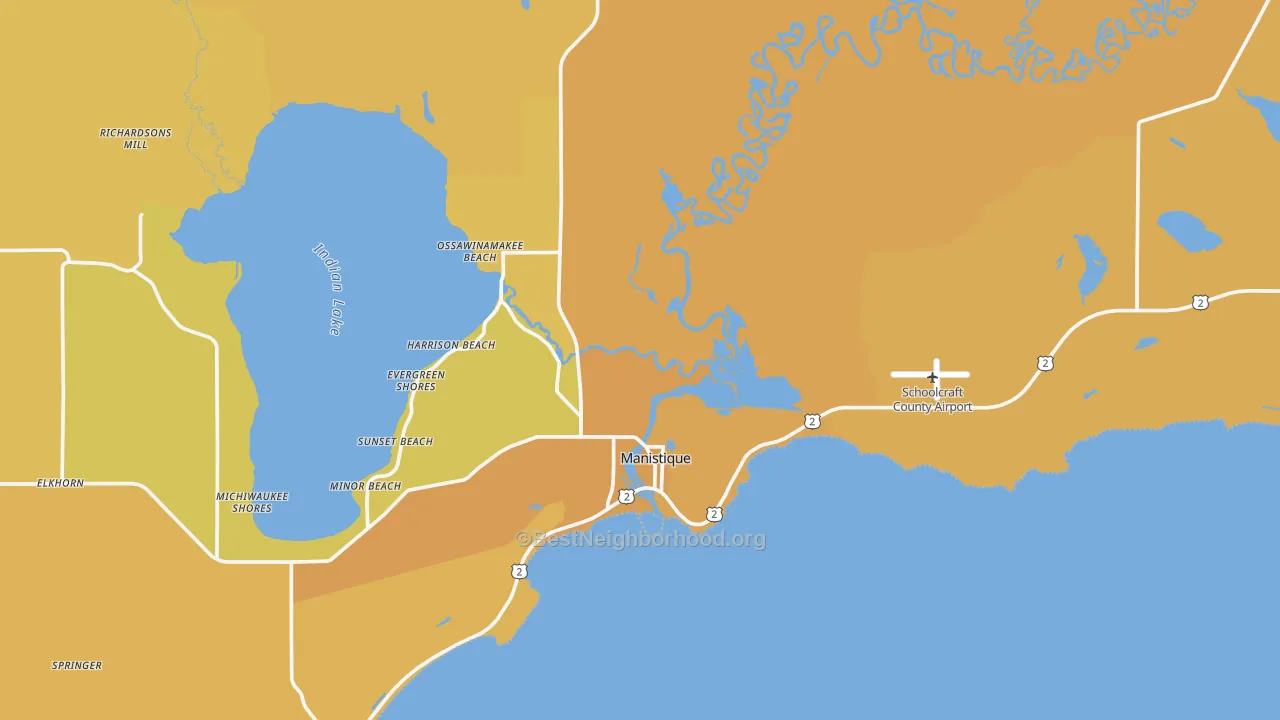 Map of the best neighborhoods in the Manistique area, with better matches in green and worse matches in red