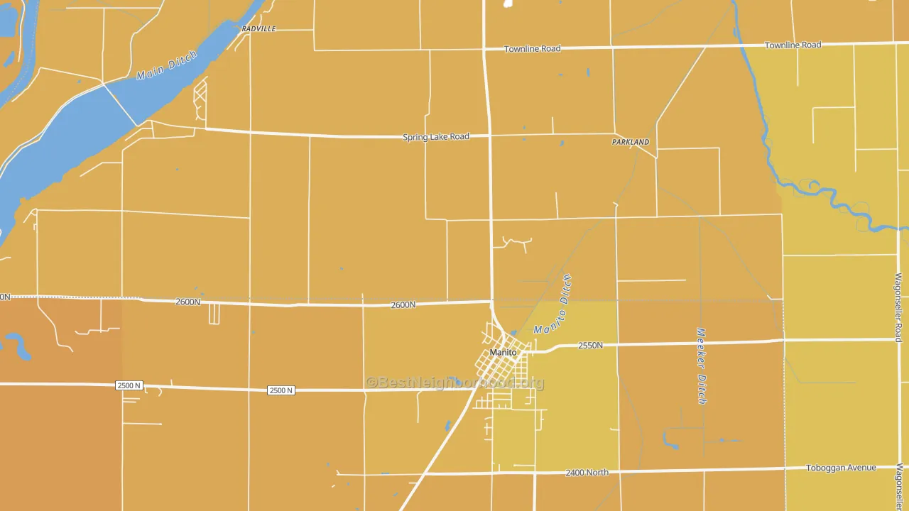 Map of the best neighborhoods in the Manito area, with better matches in green and worse matches in red