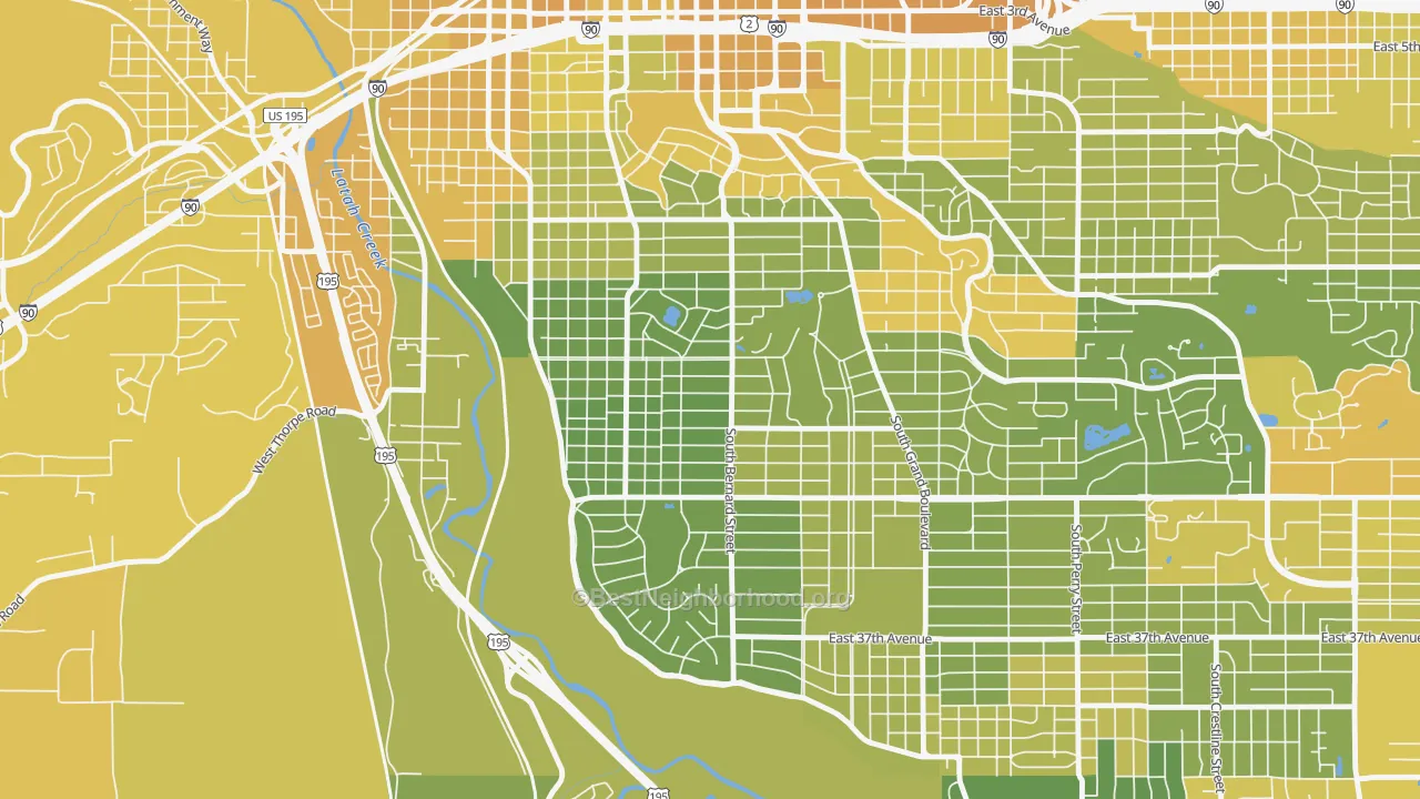 Map of the best neighborhoods in the Manitocannon Hill, Spokane area, with better matches in green and worse matches in red