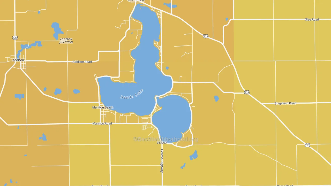 Map of the best neighborhoods in the Manitou Beach area, with better matches in green and worse matches in red