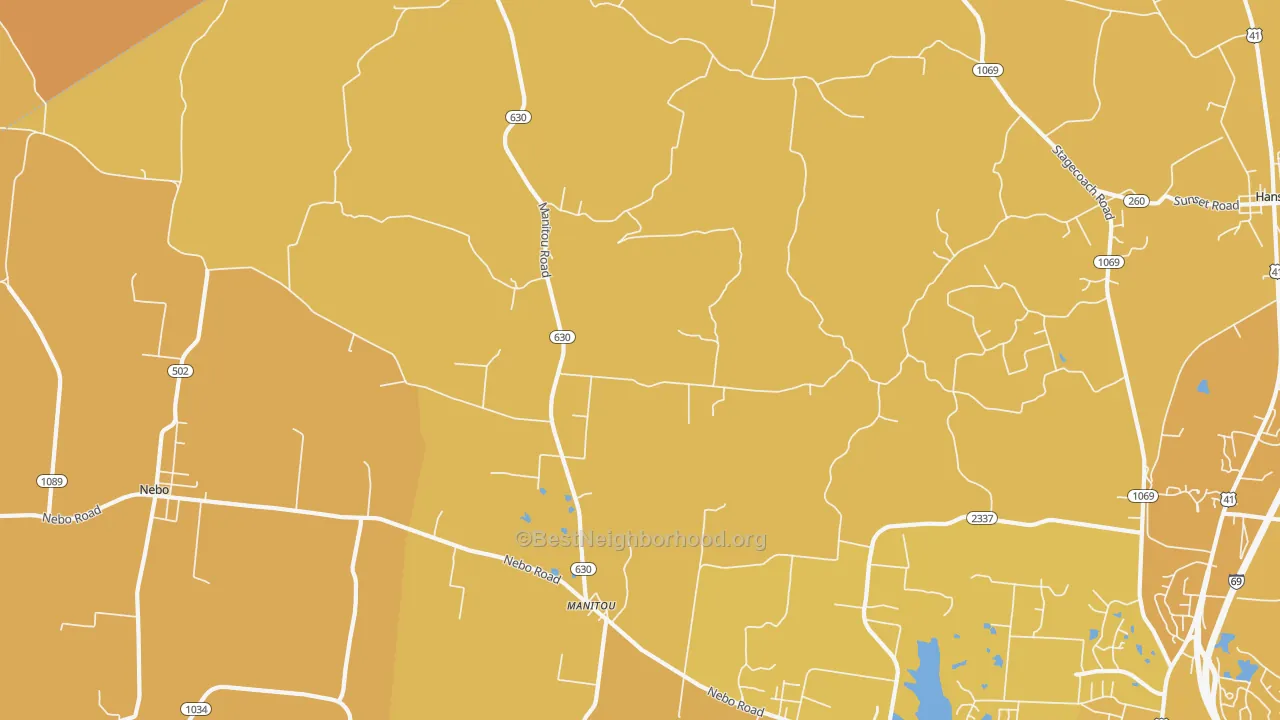 Map of the best neighborhoods in the Manitou area, with better matches in green and worse matches in red