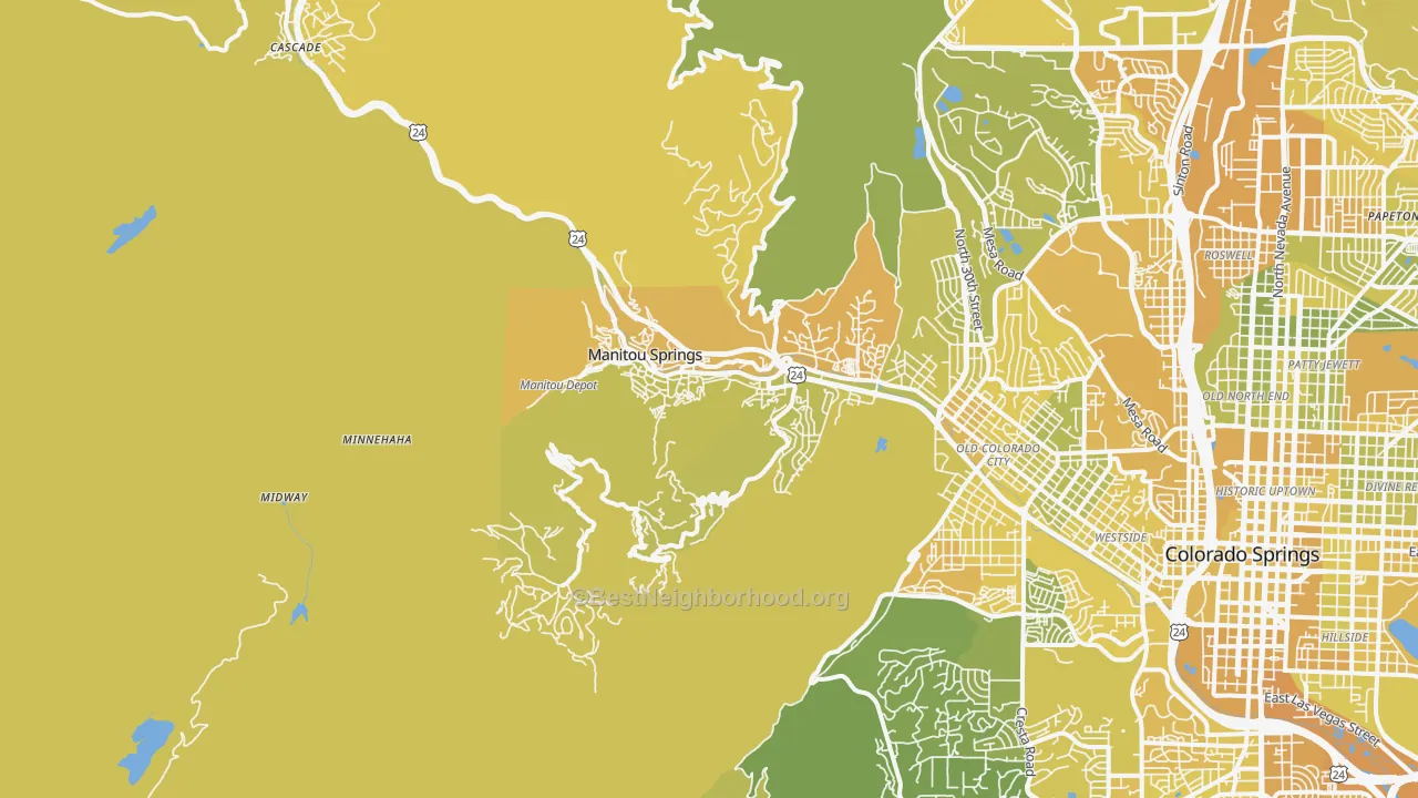 Map of the best neighborhoods in the Manitou Springs area, with better matches in green and worse matches in red