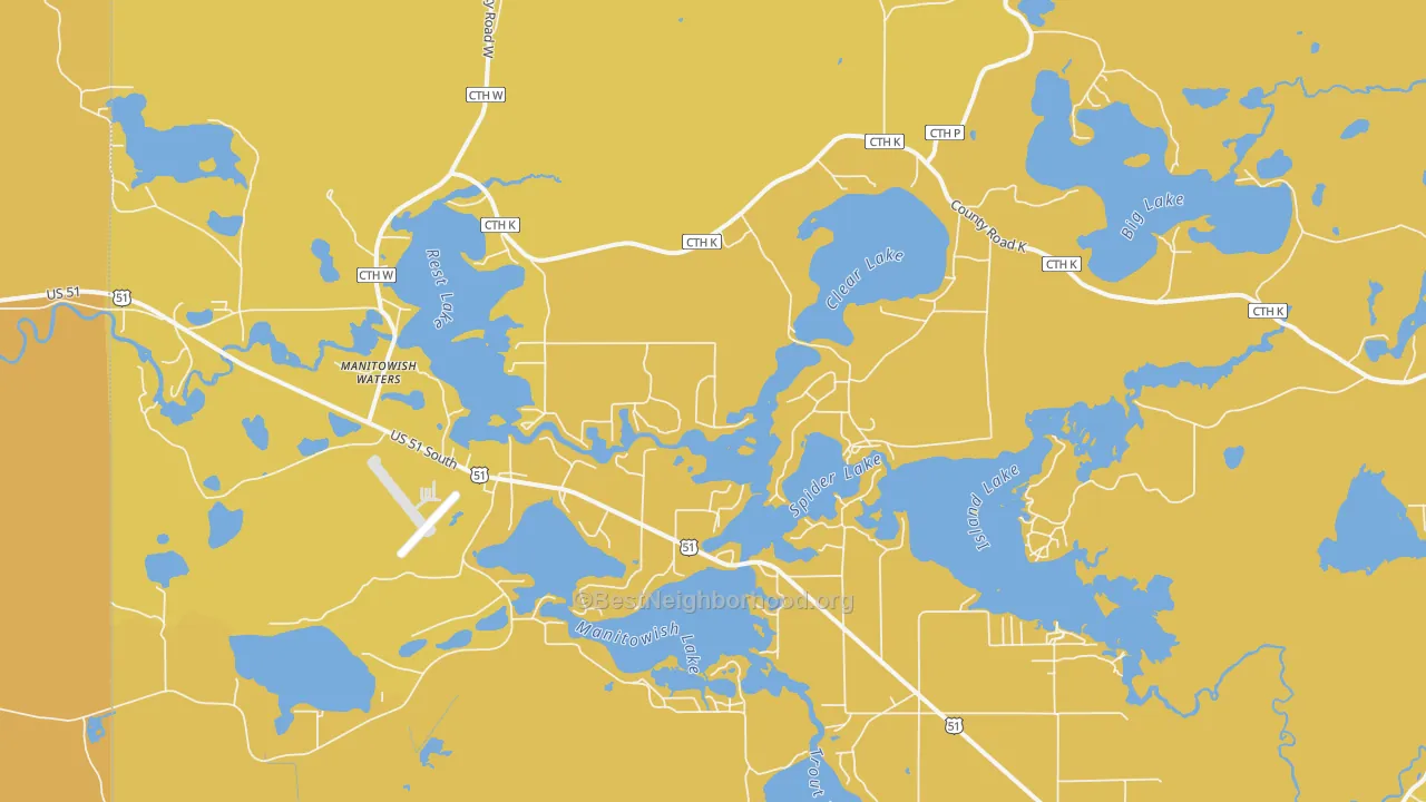 Map of the best neighborhoods in the Manitowish Waters area, with better matches in green and worse matches in red