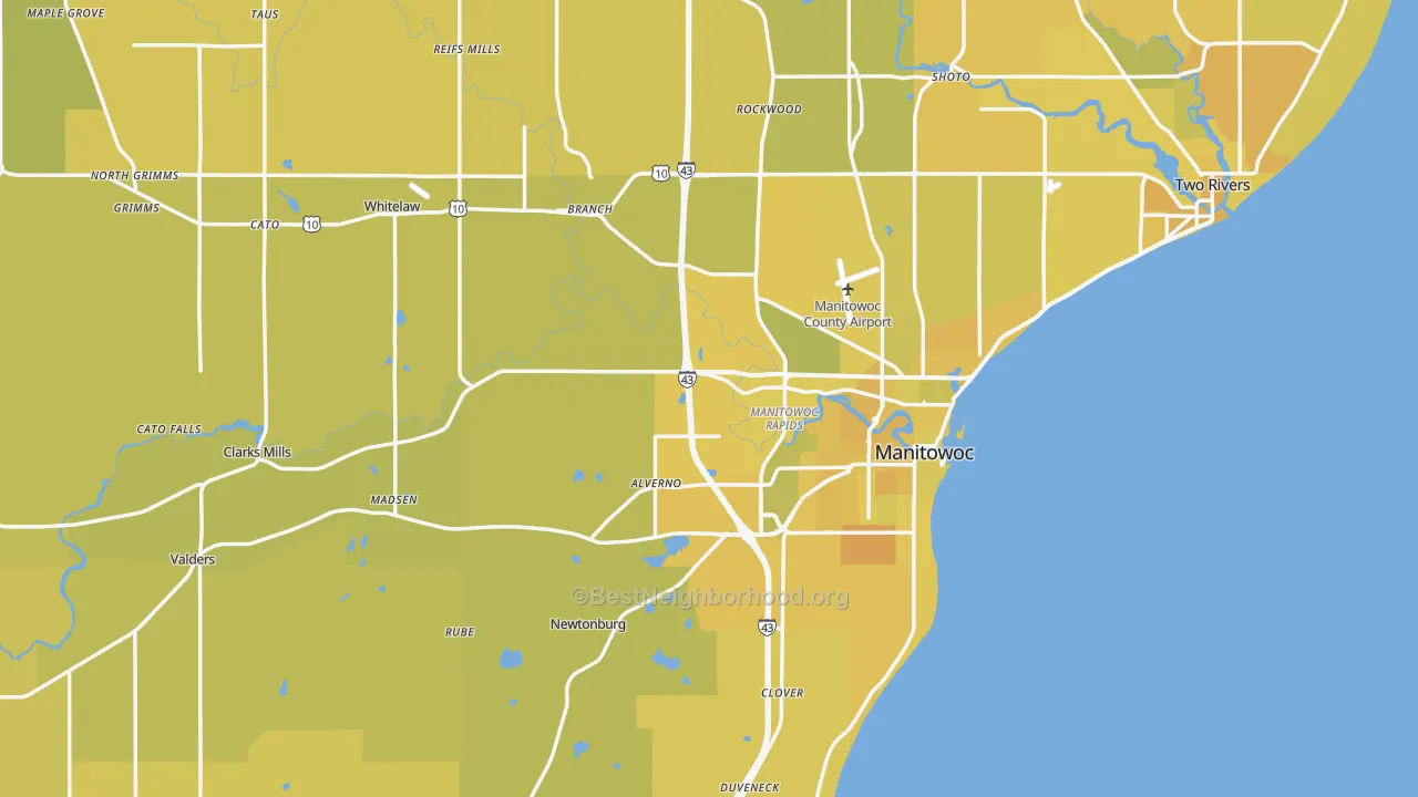 Map of the best neighborhoods in the Manitowoc County area, with better matches in green and worse matches in red
