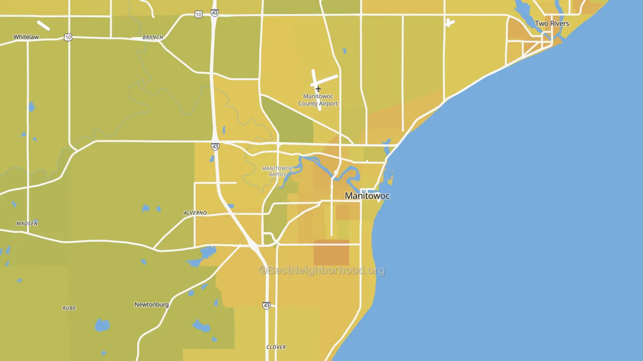 Map of the best neighborhoods in the Manitowoc area, with better matches in green and worse matches in red