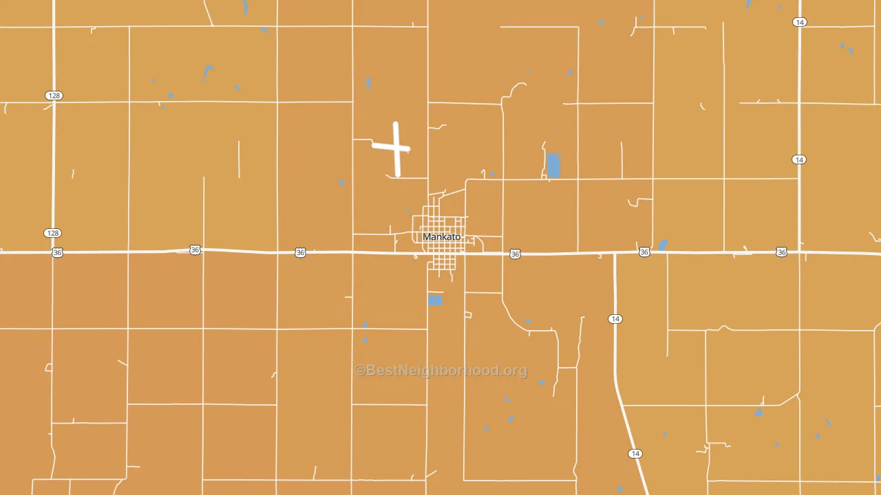 Map of the best neighborhoods in the Mankato area, with better matches in green and worse matches in red