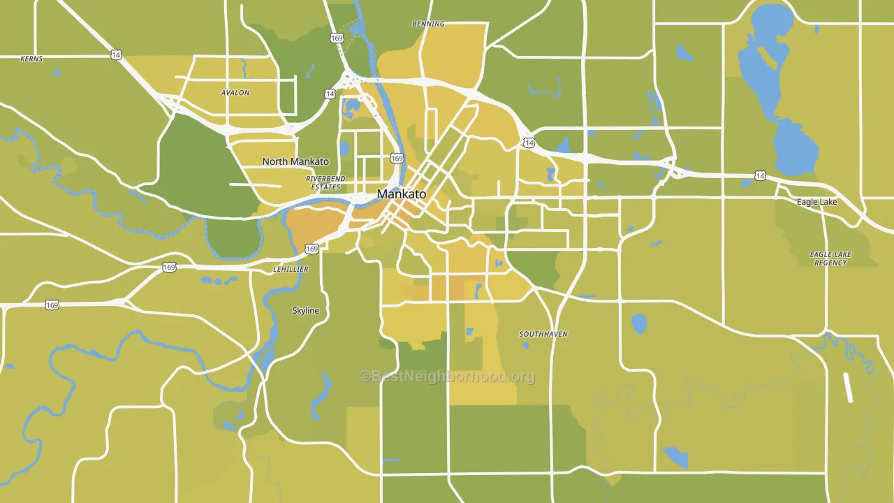 Map of the best neighborhoods in the Mankato Metro area, with better matches in green and worse matches in red