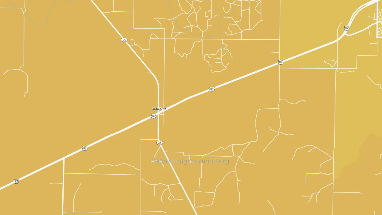 Map of the best neighborhoods in the Mankins area, with better matches in green and worse matches in red