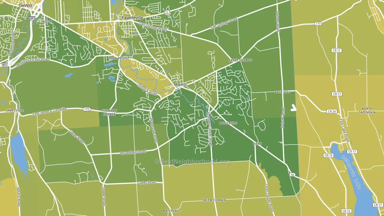 Map of the best neighborhoods in the Manlius area, with better matches in green and worse matches in red