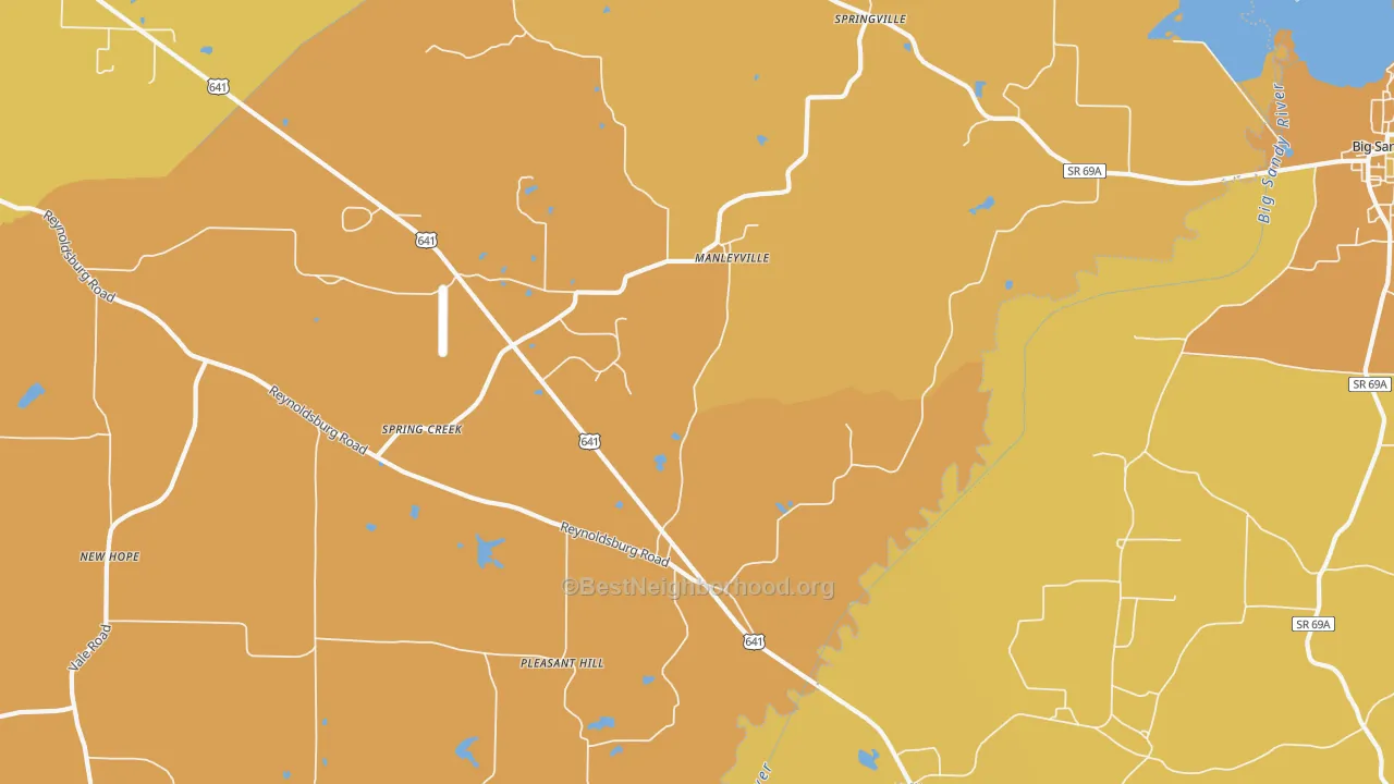 Map of the best neighborhoods in the Manlyville area, with better matches in green and worse matches in red